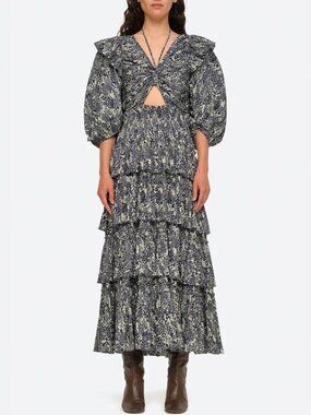 Sea New York Priya Tiered Floral Puff Sleevel Midi Dress Size M